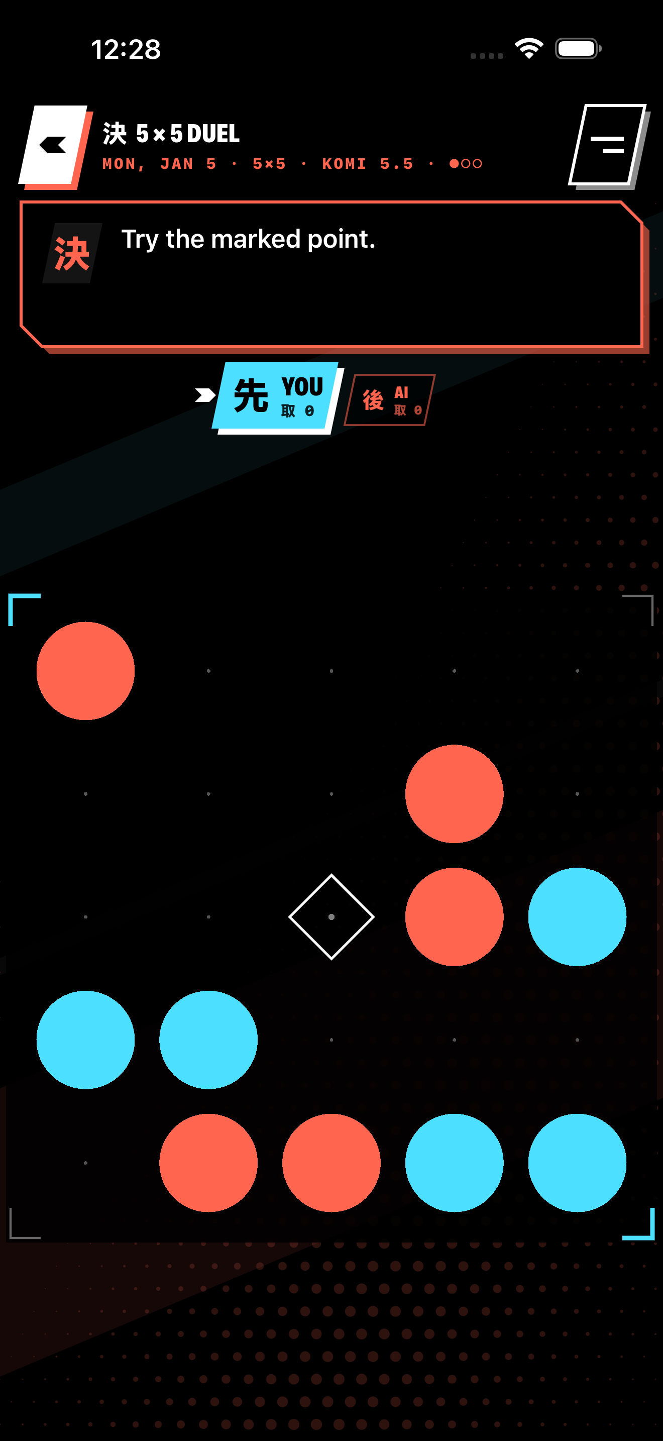 A five by five Daily Duel with cyan and coral stones and a suggested move marked.
